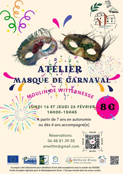 Deux ateliers masque de carnaval ce lundi 16 et jeudi 26 février à Witternesse
