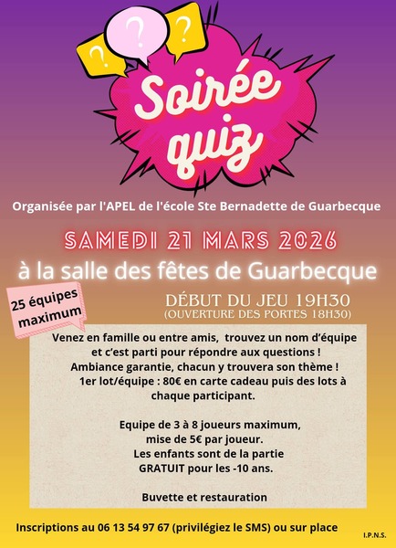 Soirée quiz ce samedi 21 mars à Guarbecque