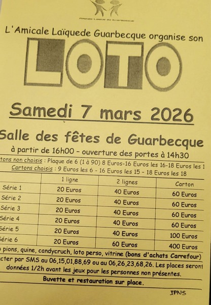 Un loto sera organisé ce samedi 7 mars à Guarbecque