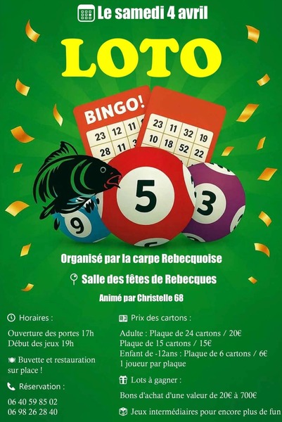 Un loto sera proposé par l'association la carpe Rebecquoise ce samedi 4 avril