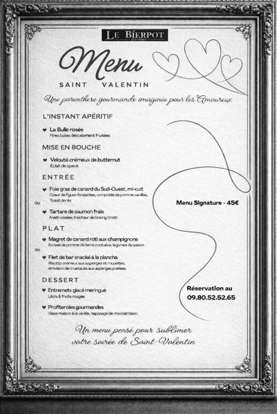 Menu spécial Saint Valentin au Bierpot de Wittes