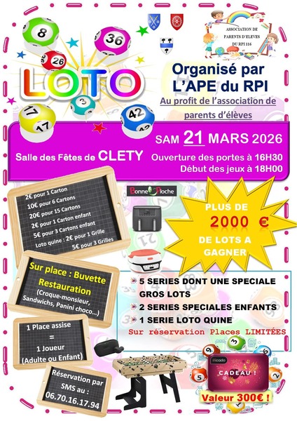 Un loto est organisé ce samedi 21 mars à Cléty