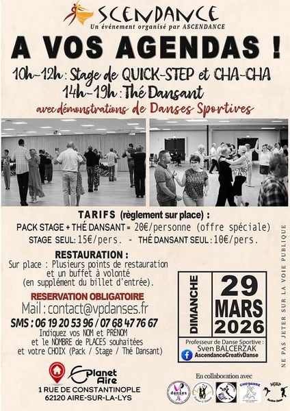 Stage de dansant et thé dansant ce dimanche 29 mars chez Planet'Aire d'Aire sur la Lys