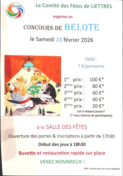 Un concours de belote est organisé ce samedi 28 février à Liettres
