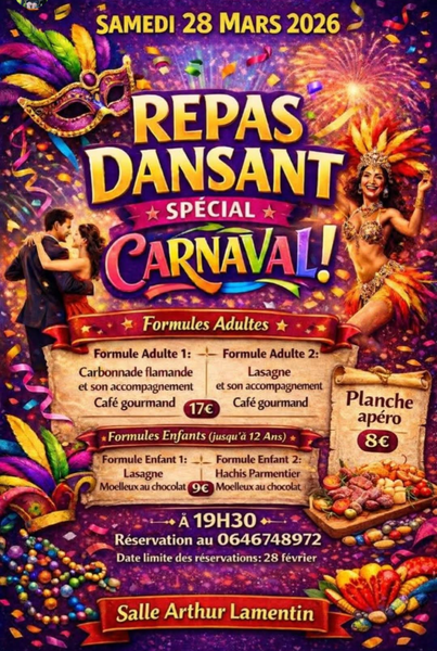 Repas dansant spécial carnaval ce samedi 28 mars à Isbergues