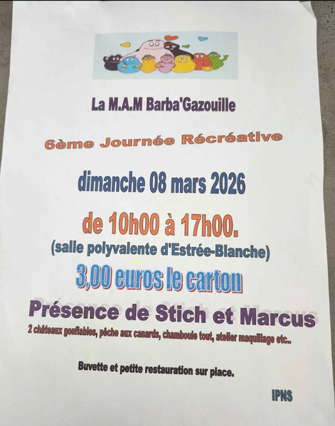 La M.A.M Barba'Gazouille organise une journée récréative ce dimanche 8 mars à Estrée Blanche