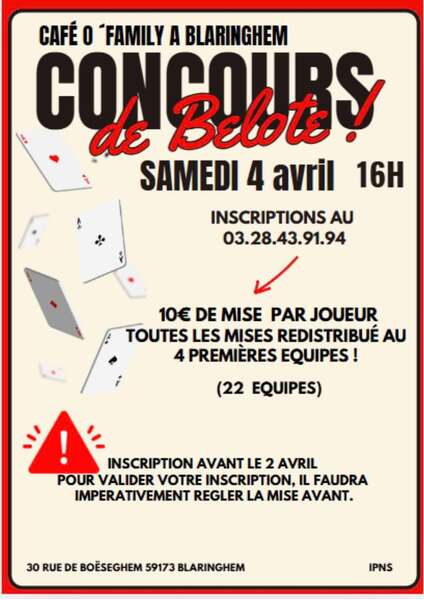 Concours de belote ce samedi 4 avril au café O'family de Blaringhem