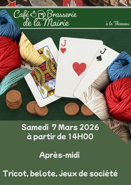 Après midi tricot, belote et jeux de société au café brasserie de la mairie de Thiennes