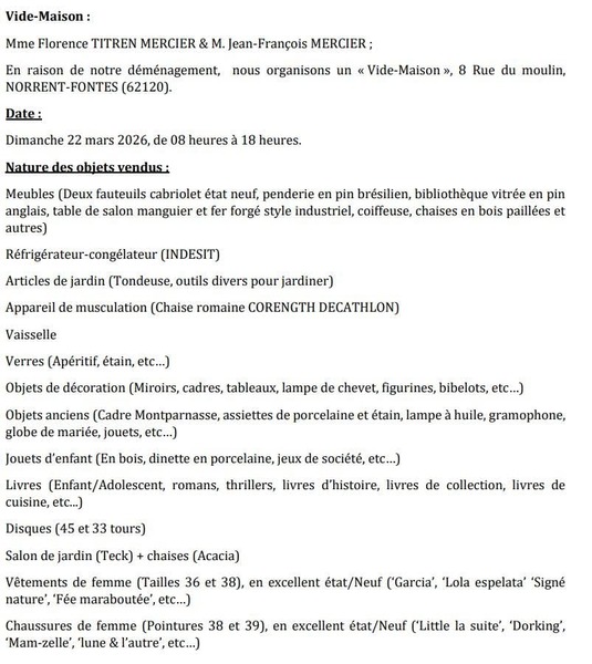 Un vide maison est organisé ce dimanche 22 mars à Norrent Fontes