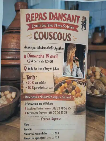 Un repas dansant est organisé ce dimanche 19 avril à Erny Saint Julien