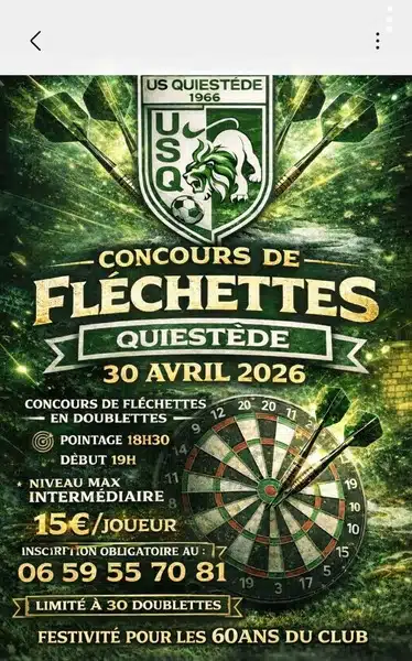 Concours de fléchettes ce jeudi 30 avril à Quiestède