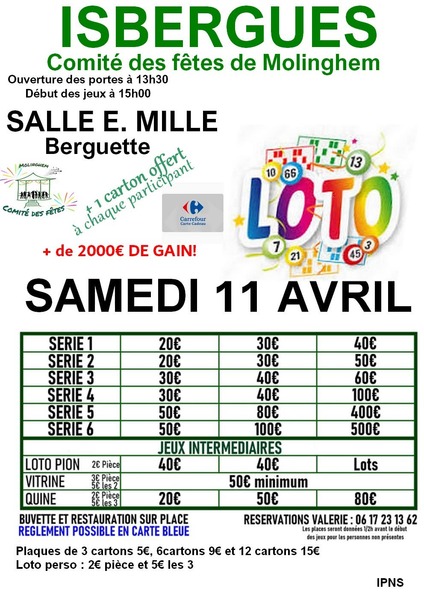 Le loto du comité des fêtes de Molinghem c'est ce samedi 11 avril