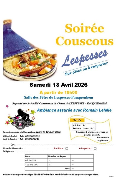 Repas couscous ce samedi 18 avril à Lespesses