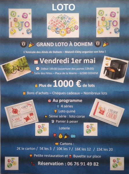 Grand loto ce vendredi 1 mai à Dohem