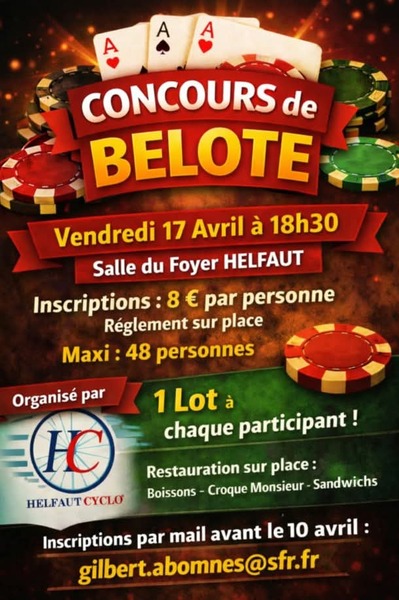 Un concours de belote est organisé ce vendredi 17 avril à Helfaut