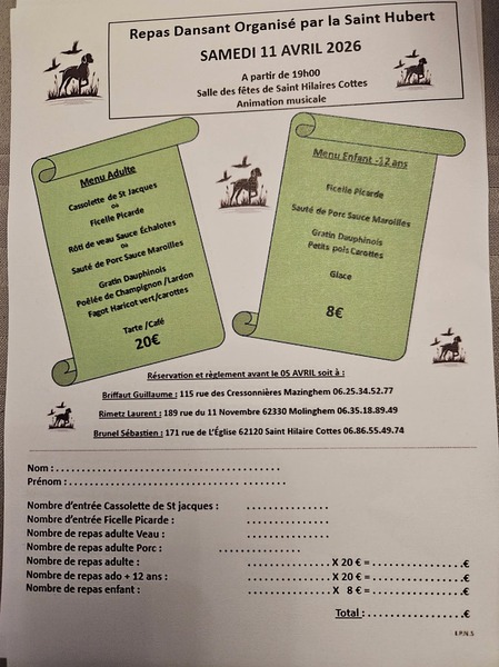 Repas dansant samedi 11 avril à Saint Hilaire Cottes