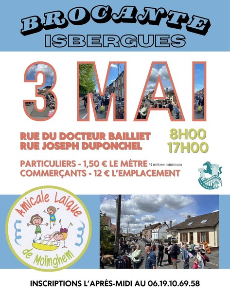 L'amicale Laïque de Molinghem à Isbergues organise une brocante ce dimanche 3 mai