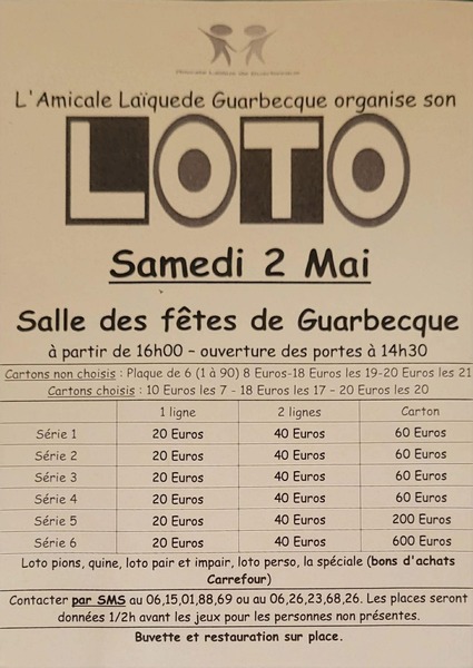 L'amicale Laique de Guarbecque organise un loto ce samedi 2 mai