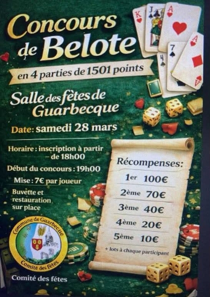 Un concours de belote ce samedi 28 mars à Guarbecque