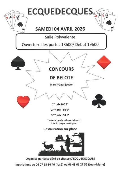 Un concours de belote ce samedi 4 avril à Ecquedecques