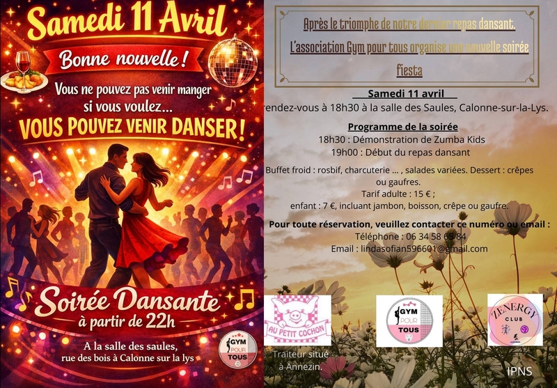 Un repas dansant et soirée dansante ensuite à Calonne sur la Lys ce samedi 11 avril