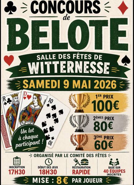 Un concours de belote est organisé ce samedi 9 mai à Witternesse