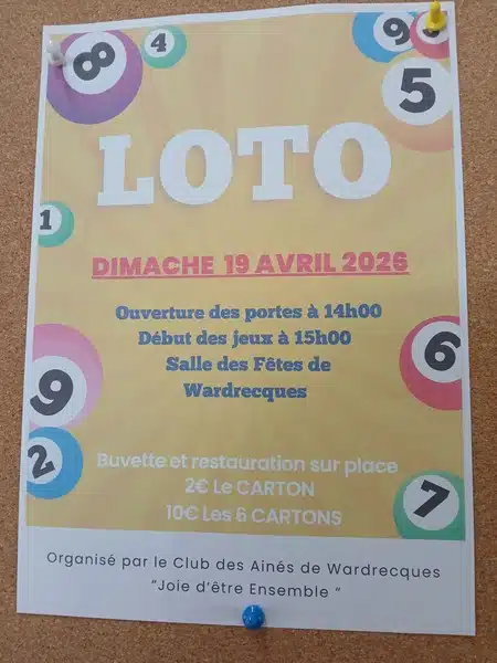 Un loto est organisé par le club des aînés de Wardrecques ce dimanche 19 avril