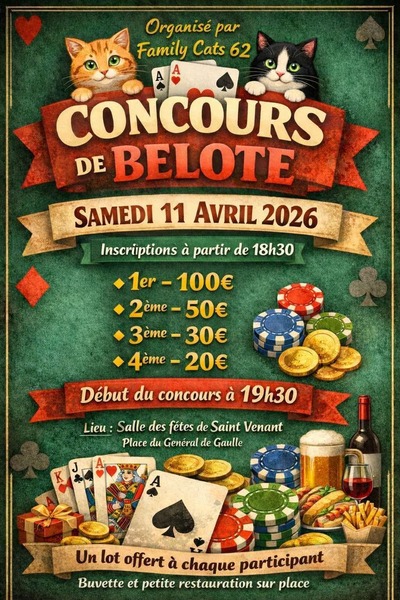 Concours de belote ce samedi 11 avril à Saint Venant