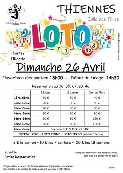 Le loto de l'école ce dimanche 26 avril à Thiennes