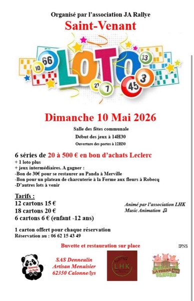 Le loto de l'association JA Rallye de Saint Venant ce dimanche 10 mai