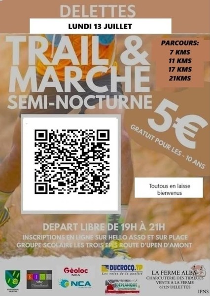 Trail et marche en semi nocturne ce lundi 13 juillet à Delettes.