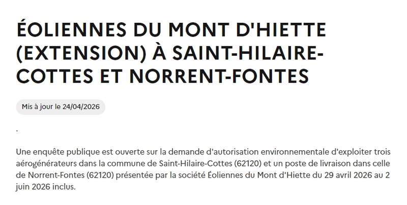 Le parc éolien de Norrent Fontes et Rely va être étendu à Saint Hilaire Cottes Le parc éolien de Norrent Fontes et Rely va être étendu à Saint Hilaire Cottes