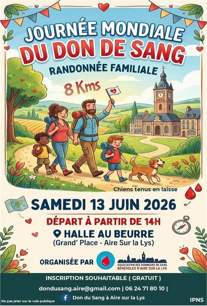 A l'occasion de la journée mondiale du don du sang ce samedi 13 juin, une randonnée sera organisée à Aire sur la Lys