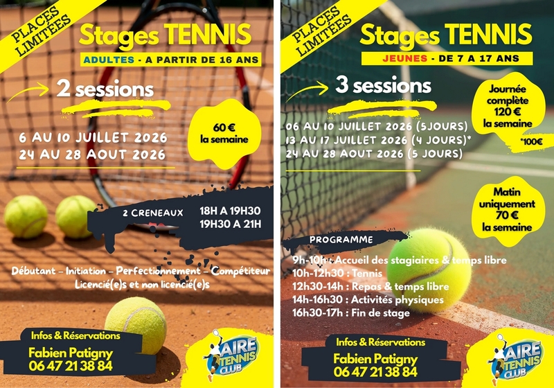 Stages de tennis cet été avec le club de tennis d'Aire