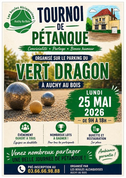 Un tournoi de pétanque sera organisé au vert Dragon d'auchy au bois ce lundi 25 mai