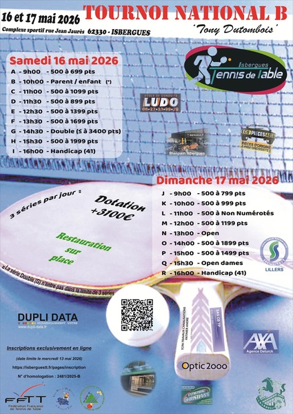Tournoi de tennis de table ces samedi 16 et dimanche 17 mai prochain à Isbergues