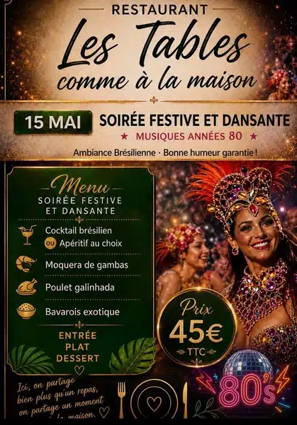 Soirée Brésilienne au restaurant les tables comme à la maison de Calonne sur la Lys