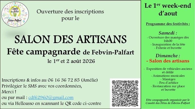 Un salon des artisans ce dimanche 2 aout à l'occasion de la fête campagnarde de Febvin Palfart