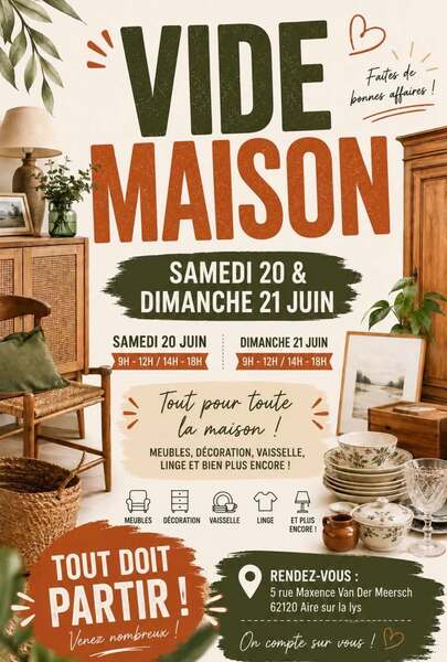 Un vide maison ce samedi 20 et dimanche 21 juin à Aire sur la Lys