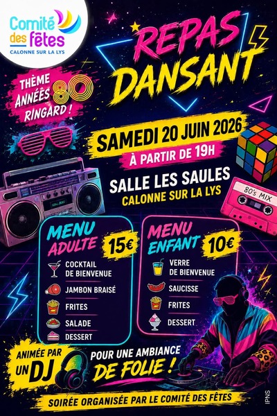 Repas dansant ce samedi 20 juin à Calonne sur la Lys
