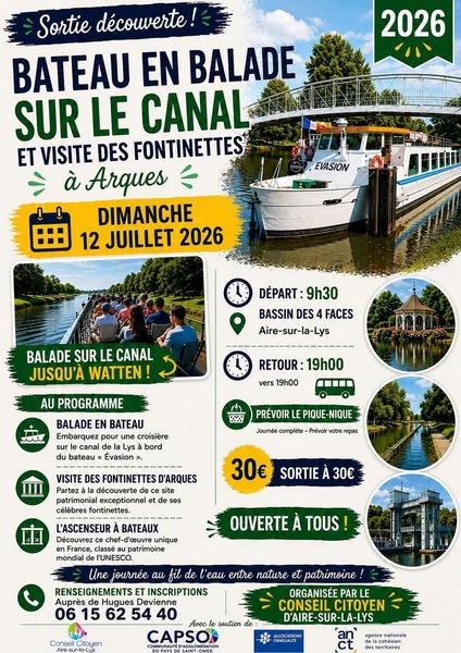 Partez en balade sur le canal avec le bateau Evasion à Aire sur la Lys