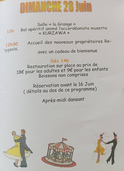Repas dansant pour la fête du village de Rely ce dimanche 28 juin
