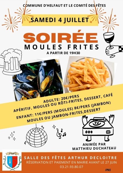 Soirée moules frites ce samedi 4 juillet à Helfaut