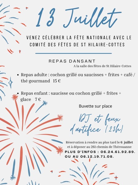 Repas et feu d'artifice pour le 13 juillet 2026 à Saint Hilaire Cottes
