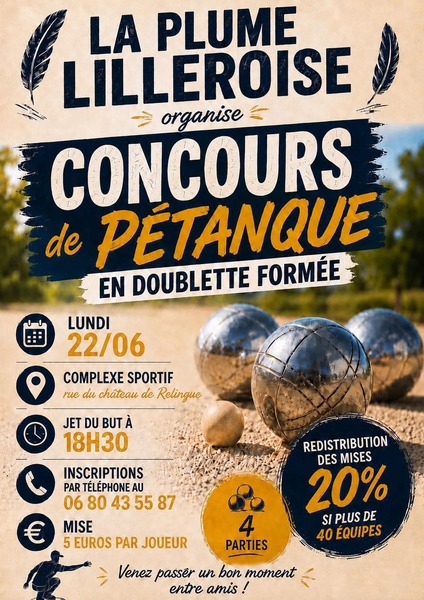 Concours de pétanque ce lundi 22 juin à Lillers par la plume Lilléroise