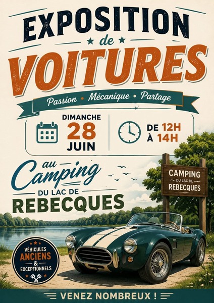 Exposition de voitures ce dimanche 28 juin au camping du Lac de Rebecques à Saint Augustin