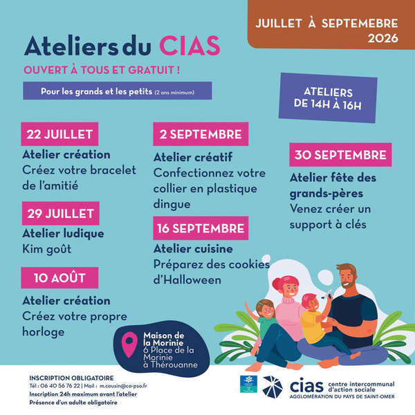 Le Centre Intercommunal d'Action Sociale (CIAS) de l'agglomération du Pays de Saint-Omer propose, de juillet à septembre 2026, une série d'ateliers gratuits destinés aux familles.