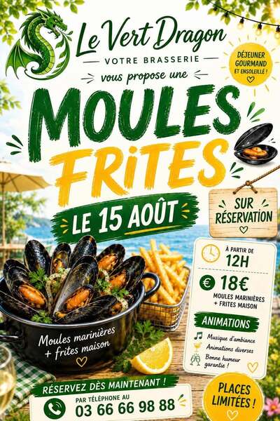 Moules frites au Vert Dragon d'Auchy AU Bois ce samedi 15 aout.