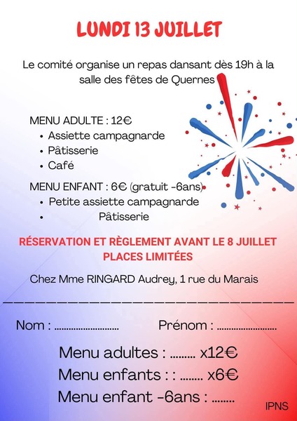 Le comité des fêtes de Quernes organise un repas dansant ce lundi 13 juillet à Quernes