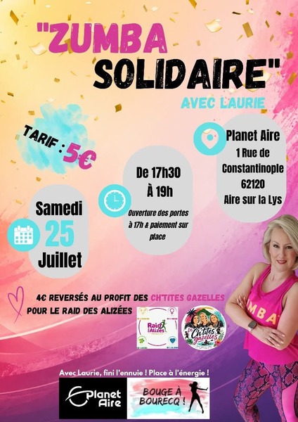 Zumba solidaire ce samedi 25 juillet chez Planet'Aire d'Aire sur la Lys
